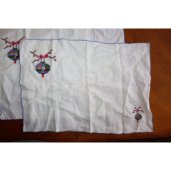 Vtg Cross Stitch Placemats Or Napkins Japanese Cherry Blossom Building 18x12" - Picture 3 of 16